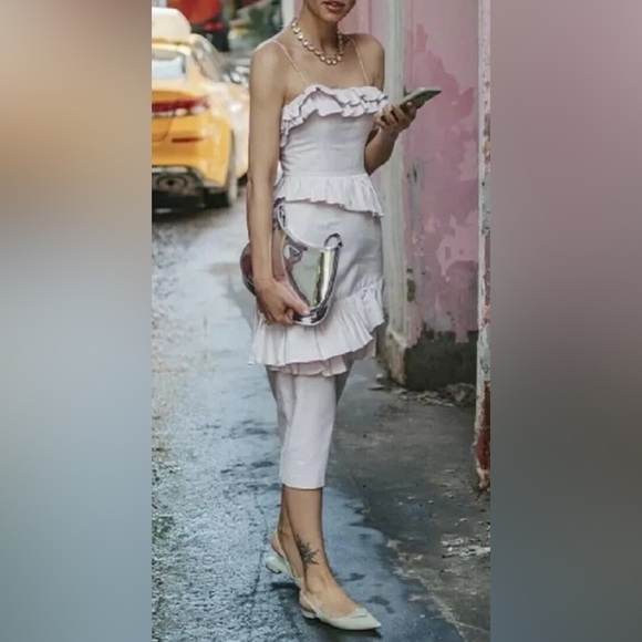 Brock Collection x H&M Large Flounced Dress Cotton Ruffled Pink Fitted Tiered - Picture 6 of 6